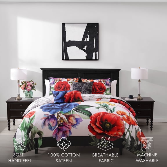 Bebejan Petal Portrait 5 Piece Comforter Set, King, 100% Cotton Sateen, Reversible, All Season, Cozy Comfort