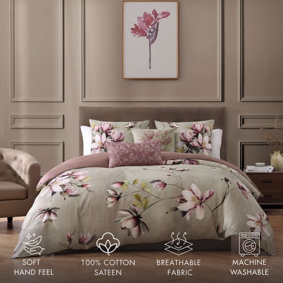 Bebejan Purple Lilies 5 Piece Comforter Set, Queen, 100% Cotton Sateen, Reversible, All Season, Cozy Comfort