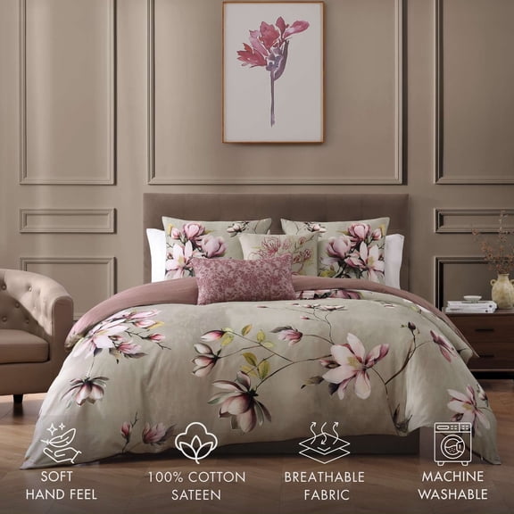 Bebejan Purple Lilies 5 Piece Comforter Set, Queen, 100% Cotton Sateen, Reversible, All Season, Cozy Comfort
