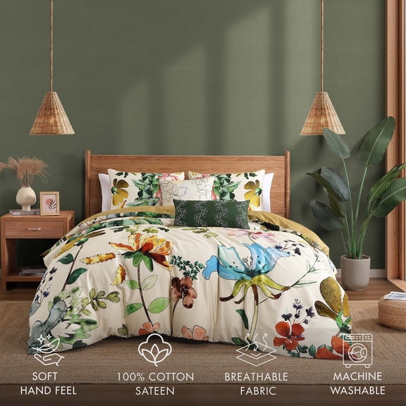 Bebejan Radiance 5 Piece Comforter Set, White, King, 100% Cotton Sateen, Reversible, All Season, Cozy Comfort