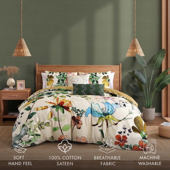 Bebejan Radiance 5 Piece Comforter Set, White, Queen, 100% Cotton Sateen, Reversible, All Season, Cozy Comfort