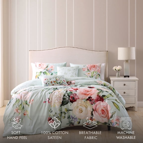Bebejan Rose on Misty Green 5-Piece Reversible Comforter Set, King, 100% Cotton Sateen,220 Thread Count, Floral, All-Season Cozy Comfort