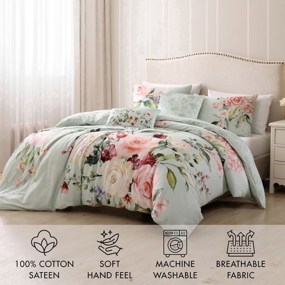 Bebejan Rose On Misty Green 5 Piece Comforter Set, Queen, 100% Cotton Sateen, Reversible, All Season, Cozy Comfort