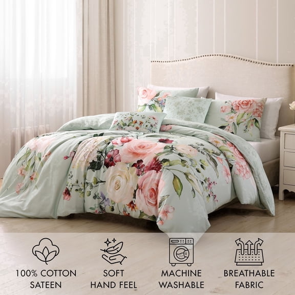 Bebejan Rose on Misty Green 5-Piece Reversible Comforter Set, Queen, 220 Thread Count, 100% Cotton Sateen