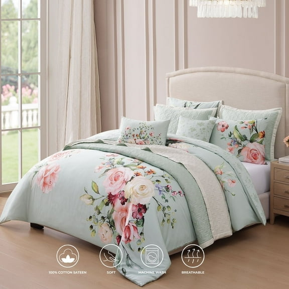 Bebejan Rose on Misty Green 8 Piece Reversible Comforter & Coverlet Set - Queen