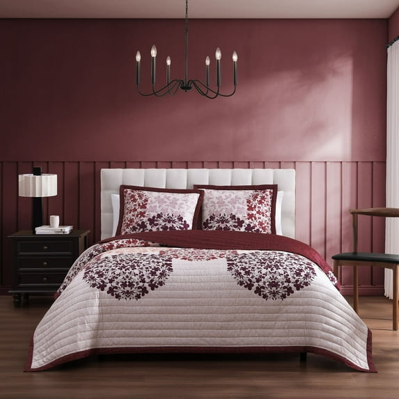 Bebejan Rosewood Harmony 3 Piece Quilted Coverlet Set, Queen, Red, 200 Thread Count, 100% Cotton Sateen, Reversible