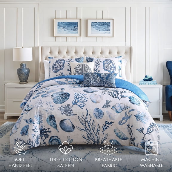 Bebejan Shells and Seaplants 5 Piece Reversible Comforter Set Queen, 100% Cotton Sateen, All Season, Cozy Comfort