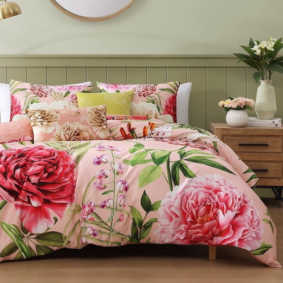 Bebejan Spring Forever 5 Piece Comforter Set, King, Pink, 100% Cotton Sateen, Reversible, All Season, Cozy Comfort
