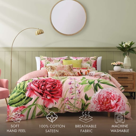 Bebejan Spring Forever 5 Piece Comforter Set, Queen, Pink, 100% Cotton Sateen, Reversible, All Season, Cozy Comfort