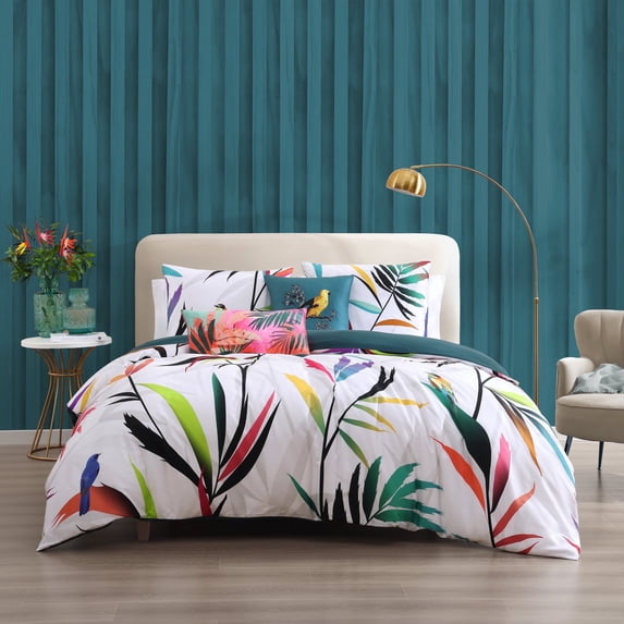 Bebejan Tropical Fusion 5 Piece Comforter Set, Queen, Teal, 100% Cotton Sateen, Reversible, All Season, Cozy Comfort