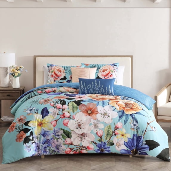 Bebejan Turquoise Reverie 5 Piece Comforter Set, King, 100% Cotton Sateen, Reversible, All Season, Cozy Comfort