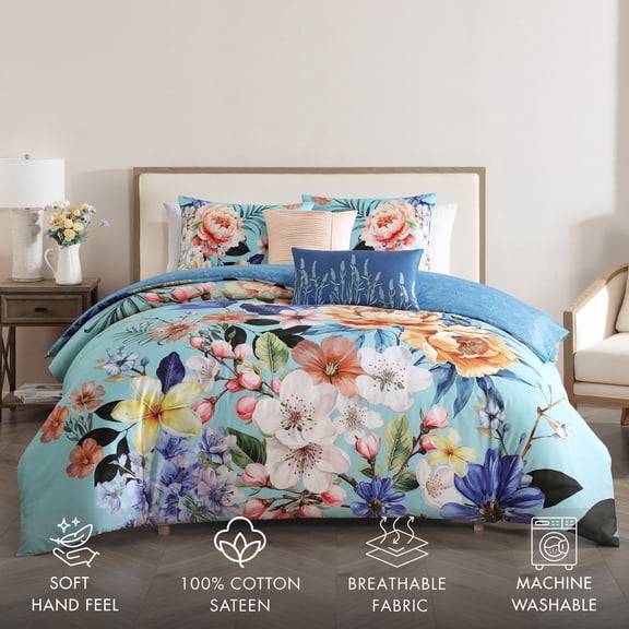 Bebejan Turquoise Reverie 5 Piece Comforter Set, Queen, 100% Cotton Sateen, Reversible, All Season, Cozy Comfort