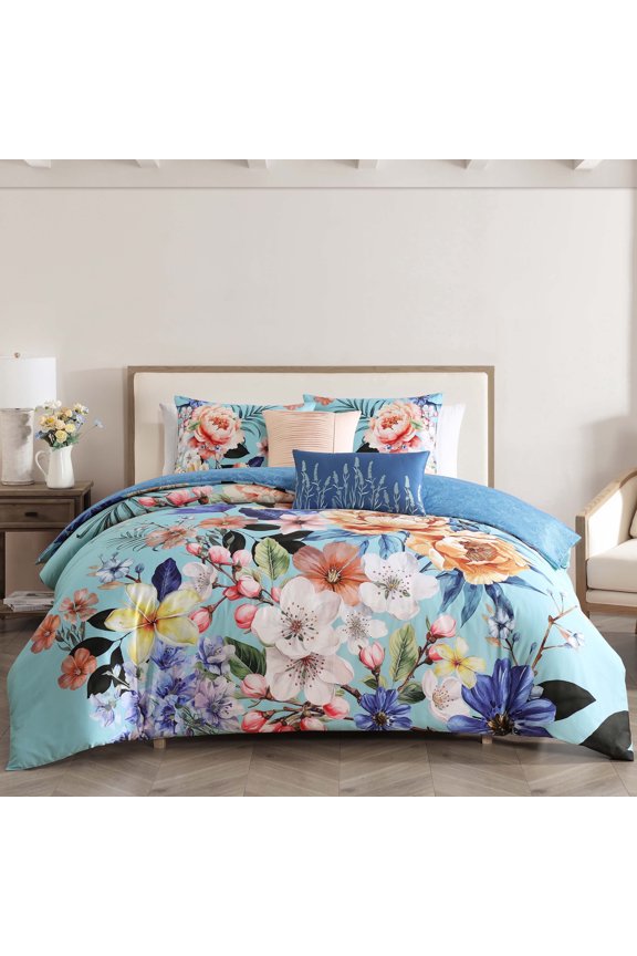 Turquoise Reverie 5 Piece Comforter Set, Queen, 100% Cotton Sateen, Reversible, All Season, Cozy Comfort