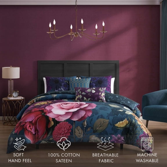Bebejan Vibrant Flora 5 Piece Comforter Set, Blue, Queen, 100% Cotton Sateen, Reversible, All Season, Cozy Comfort