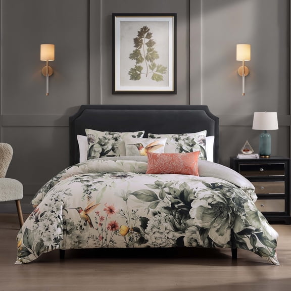 Bebejan Vintage Bloom 5 Piece Reversible Comforter Set, King, Grey, 100% Cotton Sateen, All Season, Cozy Comfort