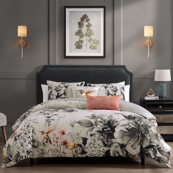 Bebejan Vintage Bloom 5 Piece Comforter Set, Queen, Grey, 100% Cotton Sateen, Reversible, All Season, Cozy Comfort