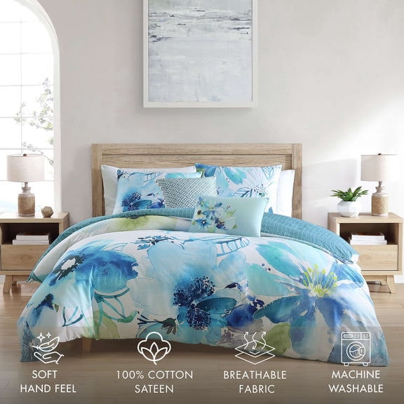 Bebejan Watercolor Blue 5 Piece Comforter Set, Queen, 100% Cotton Sateen, Reversible, All Season, Cozy Comfort
