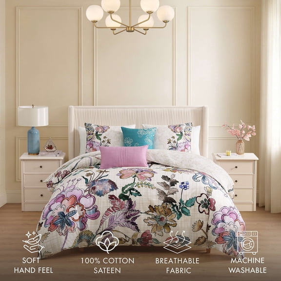 Bebejan Watercolor Jacobean 5 Piece Reversible Comforter Set, Queen, 100% Cotton Sateen, All Season, Cozy Comfort