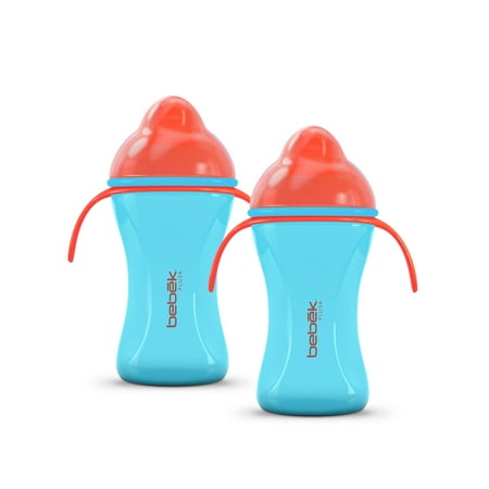 Bebek 8 oz, Silicone Soft Spout Bottle w Handles Blue w/Orange. (Pack of 2)
