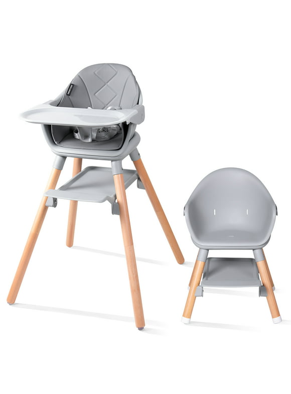 Beberoad Love Baby High Chair, 4 in 1 Wooden Highchair Convertible High Chair Booster Toddler Chair with Double Removable Tray, 5-Point Harness & PU Cushion for Babies Infants Toddlers Grey