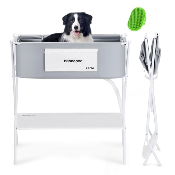 Beberoad Pets B4 Plus Foldable Pet Bath Tub with Scrubber, Elevated Dog Washing Station, Portable Collapsible Shower Tub for Medium Dogs Up to 134lbs or Two Small Pets, Indoor Outdoor Use