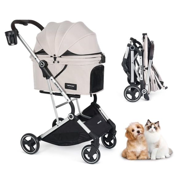 Beberoad Pets Foldable Double Pet Stroller for Small Medium Dogs, Cat Strollers for 2 Cats, 4 Wheels Folding Pet Stroller for Cats with Pad, Canopy and Cup Holder, Beige
