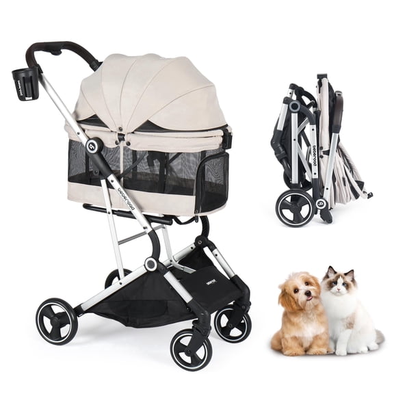 Beberoad Pets Foldable Double Pet Stroller for Small Medium Dogs, Cat Strollers for 2 Cats, 4 Wheels Folding Pet Stroller for Cats with Pad, Canopy and Cup Holder, Beige