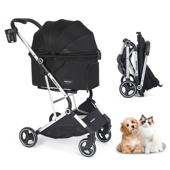 Beberoad Pets Foldable Double Pet Stroller for Small Medium Dogs, Cat Strollers for 2 Cats, 4 Wheels Folding Pet Stroller for Cats with Pad, Canopy and Cup Holder, Black