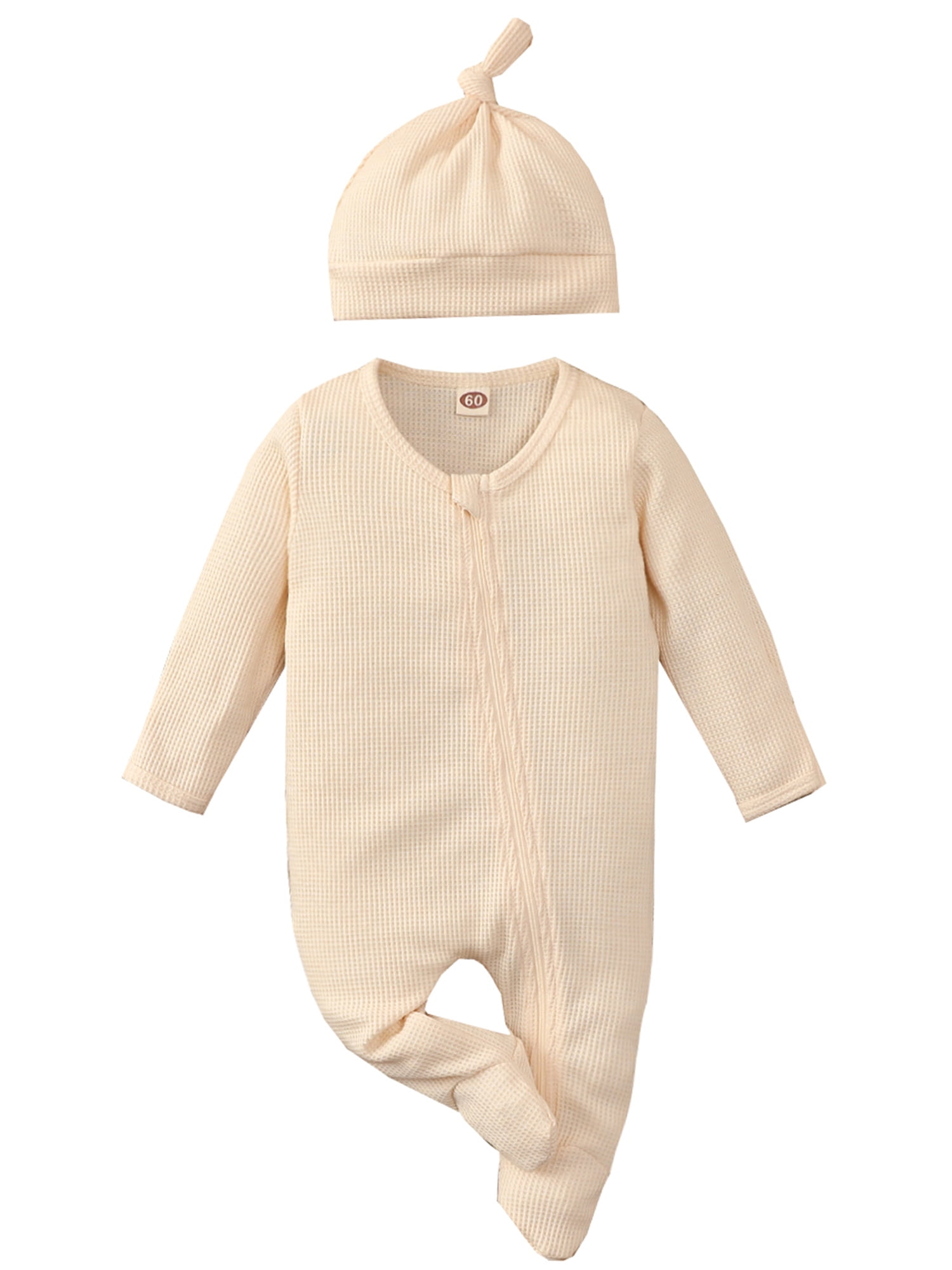 Bebiullo Baby Newborn Romper Longsleeve Outfit Cotton Jumpsuit with Warm Hat Set Beige 6 12 Months