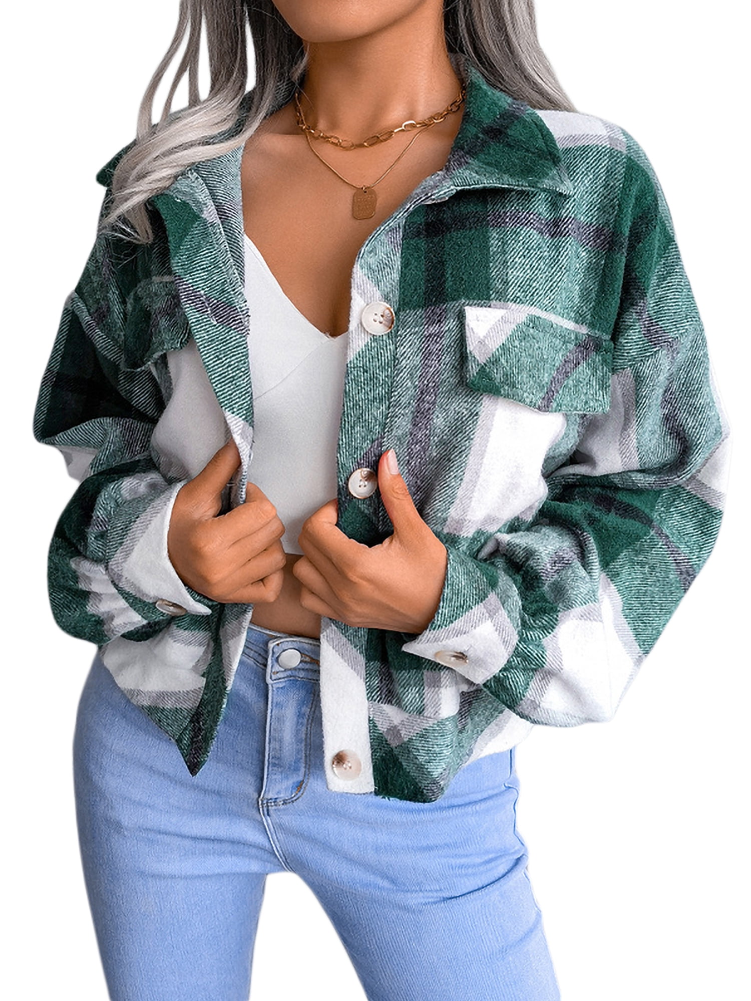 Bebiullo Cropped Jacket for Women Corduroy Flannel Plaid Long Sleeve Button  Down Short Shacket Fall Winter Outwear Khaki/Green/Black Green M