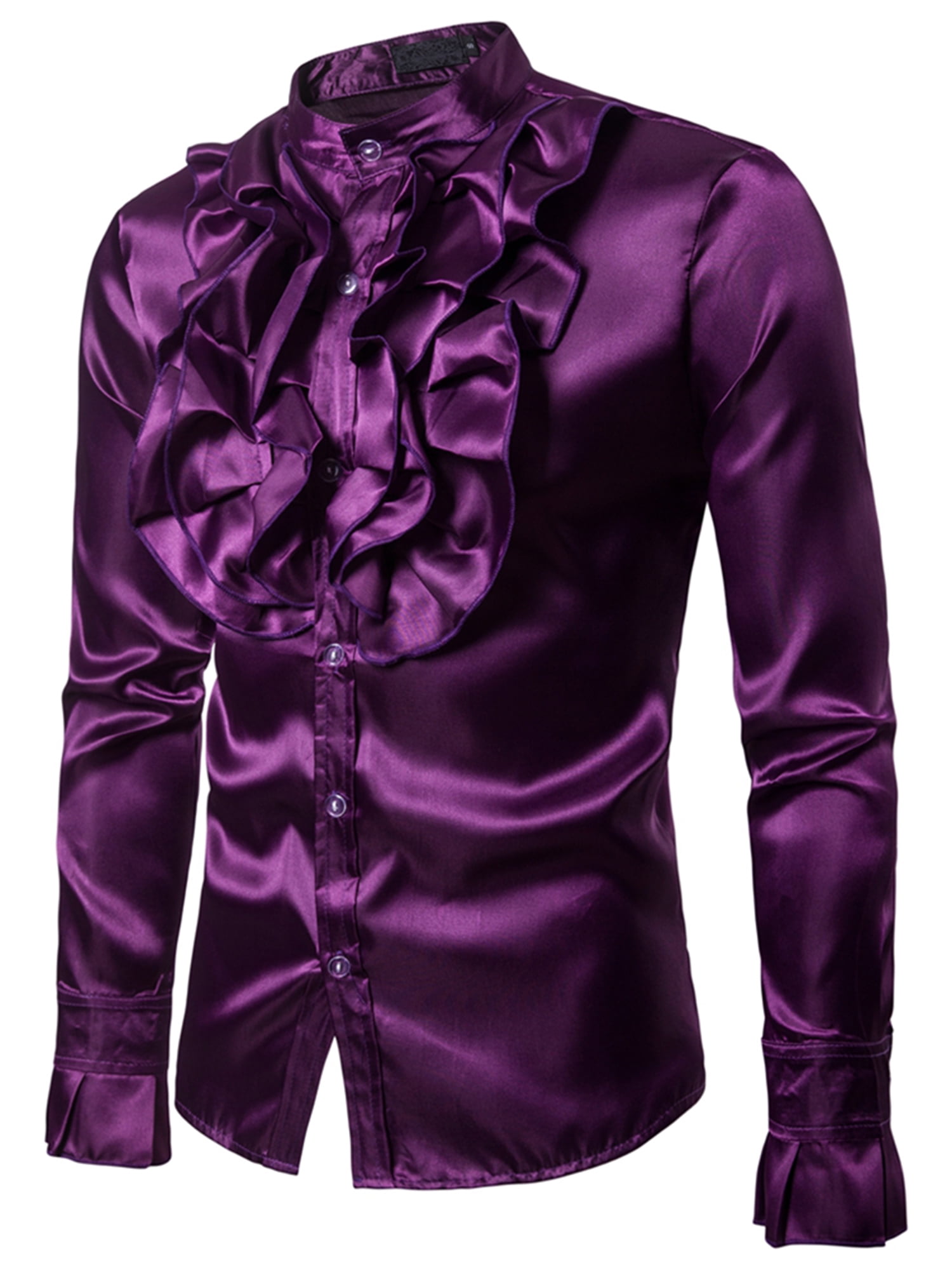 Bebiullo Men Satin Ruffle Shirts Long Sleeve Stand Collar Solid Color Slim Fit Dress Shirt Party Clothes Purple M