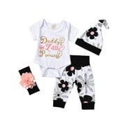 Bebiullo Newborn Baby Girl Daddy's Little Princess Letter Print Romper Jumpsuit 4 Pcs Clothes Outfit Pant Hat and Headband