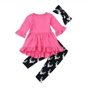 Bebiullo Toddler Baby Girls Solid Ruffles Long Sleeve Top Deer Print Pants Headband 3pcs Outfits Set Clothes 2-3 Years