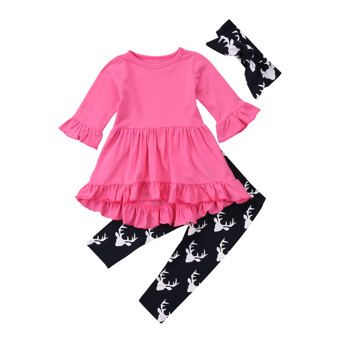 Bebiullo Toddler Baby Girls Solid Ruffles Long Sleeve Top Deer Print Pants Headband 3pcs Outfits Set Clothes 6-7 Years