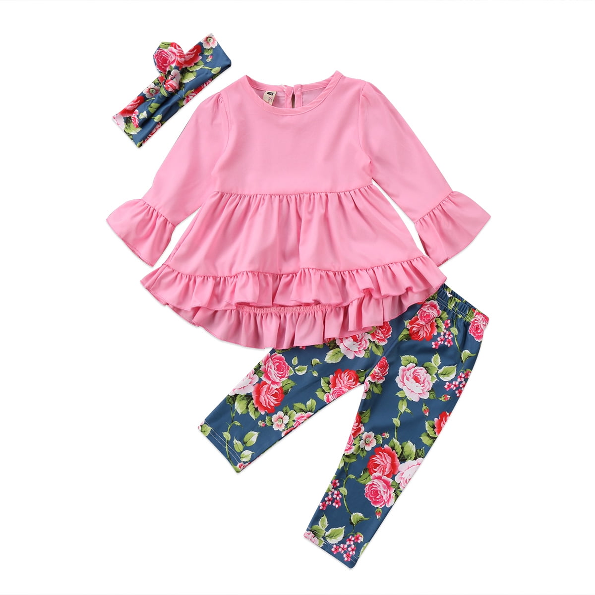 Bebiullo Toddler Kids Baby Girls Flower Ruffles Top Blouse Pants Leggings  Outfits Set Autumn Spring Clothes 3-4 Years 