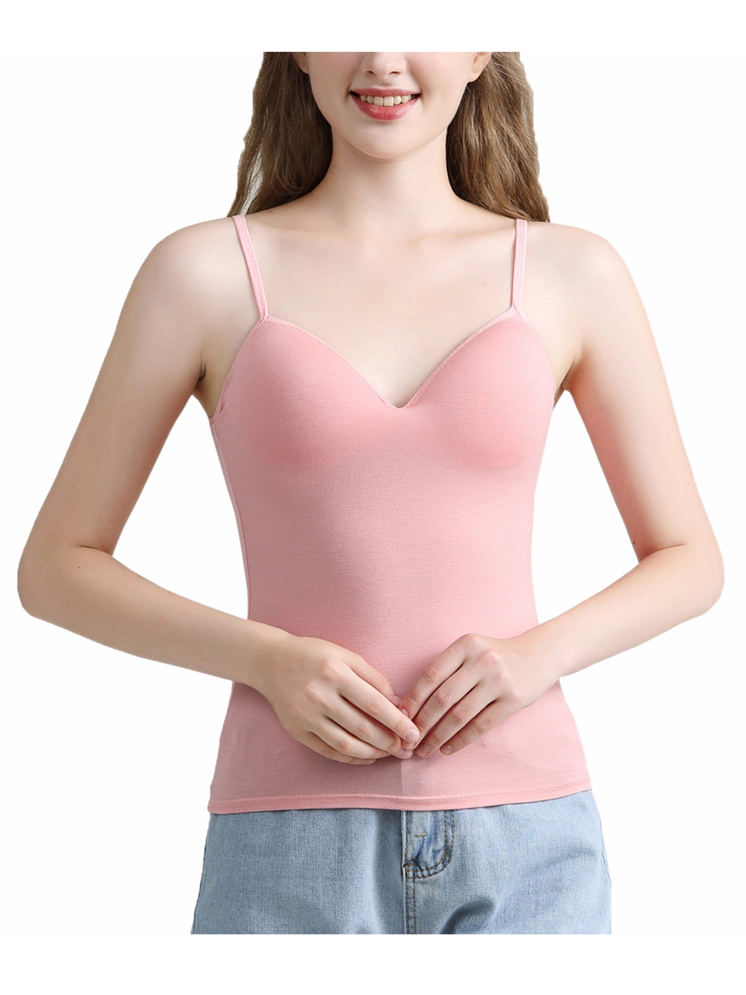 Bebiullo Women V-Neck Padded Bra Camisole Strappy Plain Vest Bralette Cami  Top Pink M 