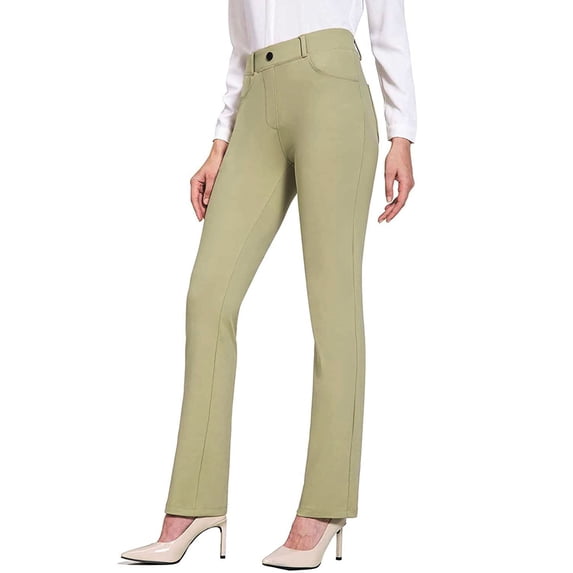 Bebiullo Women Yoga Pants Stretchy Work Business Slacks Dress Casual Straight Leg Trousers with Pockets Khaki Green S
