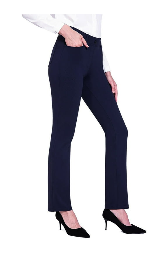Women’s Bootcut Pull-On Dress Pants Office Business Casual Yoga Work Pants with Key Pocket Straight Leg Navy Blue L