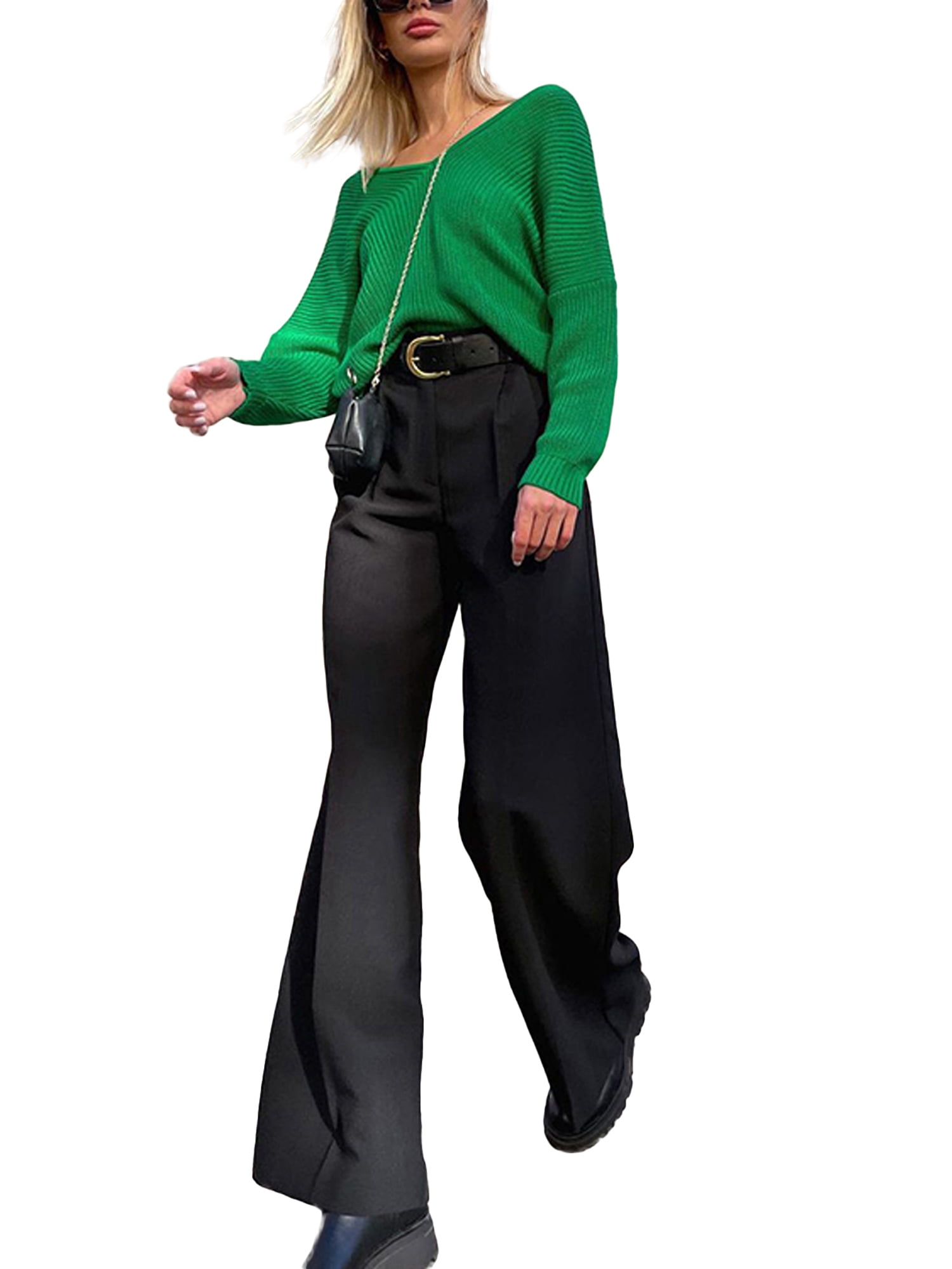 TBA Straight Wide Leg Cuffed Dress Pants for Women High Waist Bow Knot  Paper Bag Trousers Casual Business Pants with Pockets Black at   Women's Clothing store