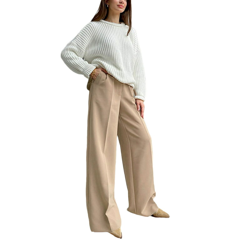 Pants for Women Women's Casual Wide Leg Dress Pants High Waist Tailored  Button Down Trousers With Pockets Women's Pants Khaki M