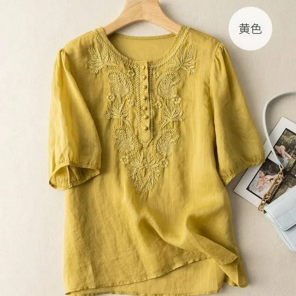 Bebiullo by Bebiullo Linen Crew Neck Short Sleeve Shirts Casual Blouse