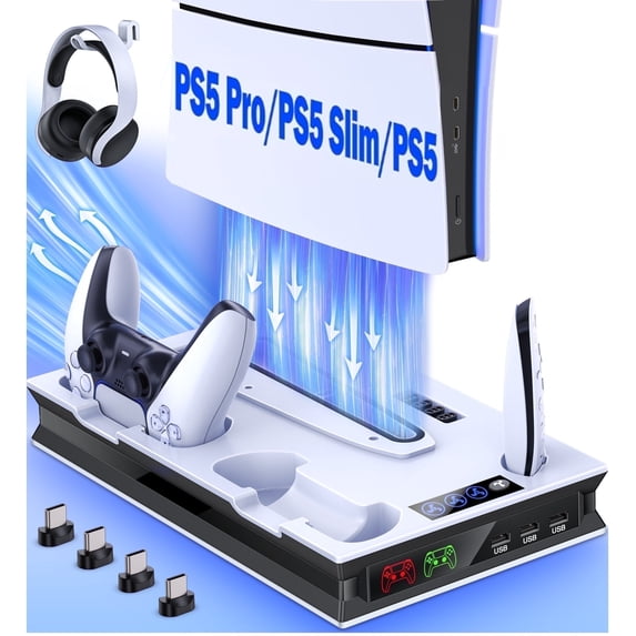 Beboncool PS5 Cooling Fan Stand, All-in-One Charger Station with Dual Turbo Fan & Dual Controller Charging Dock, for PS5 Pro, Slim, Disc & Digital Edition
