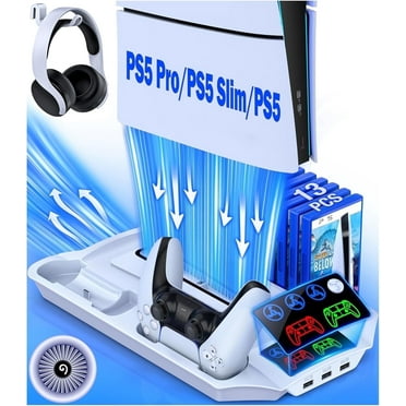 Beboncool PS5 Cooling Fan Stand with Dual Controller Charger Station for Playstation 5/PS5 Pro/PS5 Silm/PS5 Controller-White