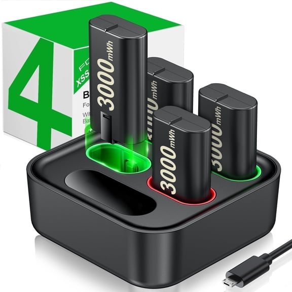 Beboncool Xbox Rechargeable Battery Pack & Charging Station - 4x 1200mAh (3000mWh) Long-Lasting Batteries for Xbox Series X|S & One Controllers
