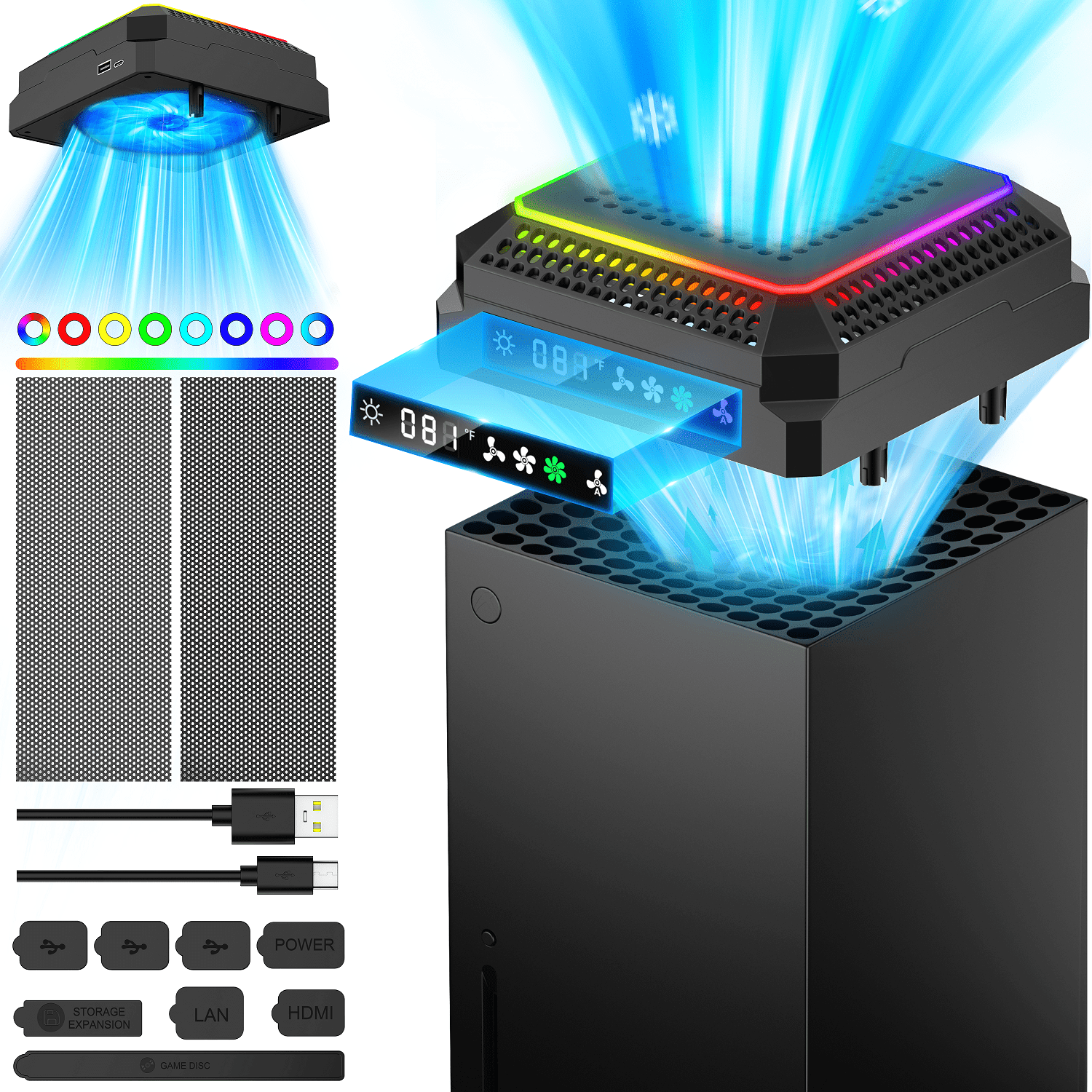 Beboncool Cooling Fan Stand for Xbox Series X, Temperature Display, 11 Light Modes, Auto Fan Control & Dust Cover