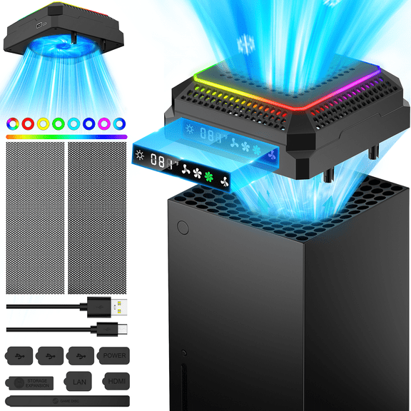 Beboncool for Xbox Series X Smart Cooling Fan Stand with Temperature Display & 11 Lighting Modes Auto-Fan Control, Dust Protection & Safe Gaming