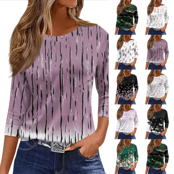 Women Blouses Dressy Casual 3/4 Sleeve Round Neck Plus Size Floral Print Loose Fit Tunic Tops for Summer Khaki 2XL