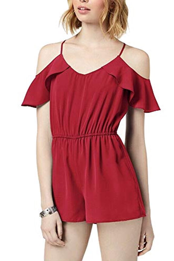 Juniors' Flutter Cold Shoulder Sleeve Romper Jumpsuit Red XL