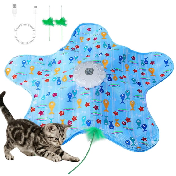 Becare Pet Automatic Moving Cat Toy Mat with Replaceable Feather Wand, USB Rechargeable Interactive Star Fish Pattern for Cats Self Play Entertainment