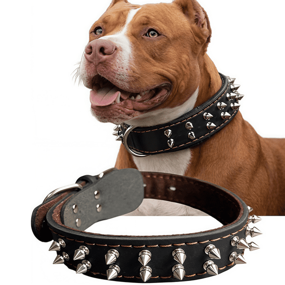 Becare Pet Double Row Spiked Leather Dog Collar, 3 Sizes Adjustable Metal Studded Collar, Handmade, Heavy-Duty for Small Medium Large Dogs。